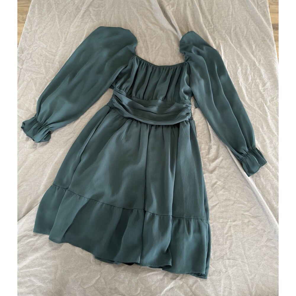 Exlura Women’s Green Square Neck Puff Sleeve Ties in Back Size Small Dress